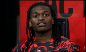 MILAN, ITALY - MAY 24: Rafael Leao of AC Milan looks on from the substitutes bench prior to the Serie A match between AC Milan and Cagliari Calcio at the Giuseppe Meazza Stadium on May 24, 2026 in Milan, Italy.