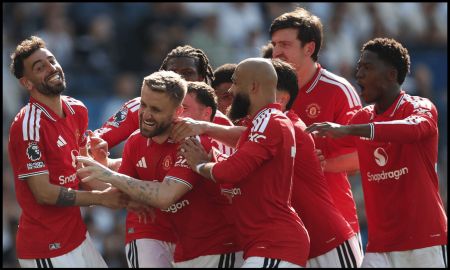 BRIGHTON, ENGLAND - MAY 24: Bruno Fernandes of Manchester United celebrates scoring his team's third goal with teammates during the Premier League match between Brighton & Hove Albion and Manchester United at the Amex Stadium on May 24, 2026 in Brighton, England.