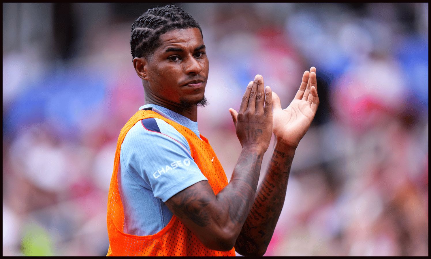 ORLANDO, FLORIDA - JUNE 10: Marcus Rashford #11 of England applauds the fans as he warms up prior to the International Friendly match between England and Costa Rica at Inter&Co Stadium on June 10, 2026 in Orlando, Florida.