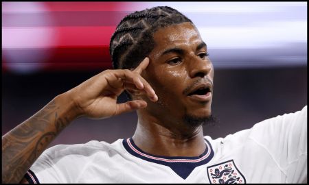 ARLINGTON, TEXAS - JUNE 17: Marcus Rashford #11 of England celebrates scoring his team's fourth goal during the FIFA World Cup 2026 Group L match between England and Croatia at Dallas Stadium on June 17, 2026 in Arlington, Texas