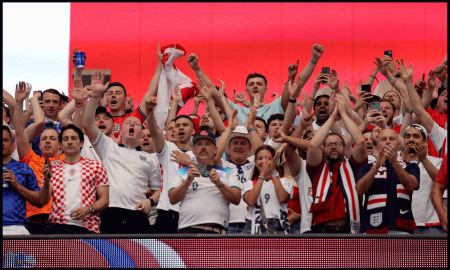 ARLINGTON, TEXAS - JUNE 17: England fans cheer in the stands during the FIFA World Cup 2026 Group L match between England and Croatia at Dallas Stadium on June 17, 2026 in Arlington, Texas.