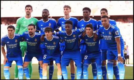 SEVILLE, SPAIN - MAY 17: Real Madrid players pose for a team photograph prior to the LaLiga EA Sports match between Sevilla FC and Real Madrid CF at Estadio Ramon Sanchez Pizjuan on May 17, 2026 in Seville, Spain.