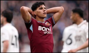 LONDON, ENGLAND - MAY 10: Mateus Fernandes of West Ham United reacts after missing a chance during the Premier League match between West Ham United and Arsenal at London Stadium on May 10, 2026 in London, England.