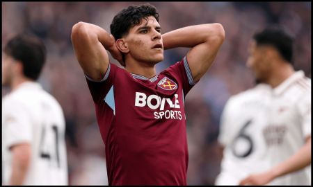 LONDON, ENGLAND - MAY 10: Mateus Fernandes of West Ham United reacts after missing a chance during the Premier League match between West Ham United and Arsenal at London Stadium on May 10, 2026 in London, England.
