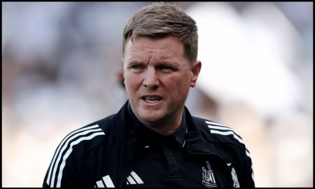 LONDON, ENGLAND - MAY 24: Eddie Howe, Manager of Newcastle United, looks on prior to the Premier League match between Fulham and Newcastle United at Craven Cottage on May 24, 2026 in London, England.