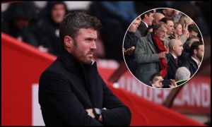 SUNDERLAND, ENGLAND - MAY 09: Michael Carrick, Manager of Manchester United, looks on during the Premier League match between Sunderland and Manchester United at Stadium of Light on May 09, 2026 in Sunderland, England.