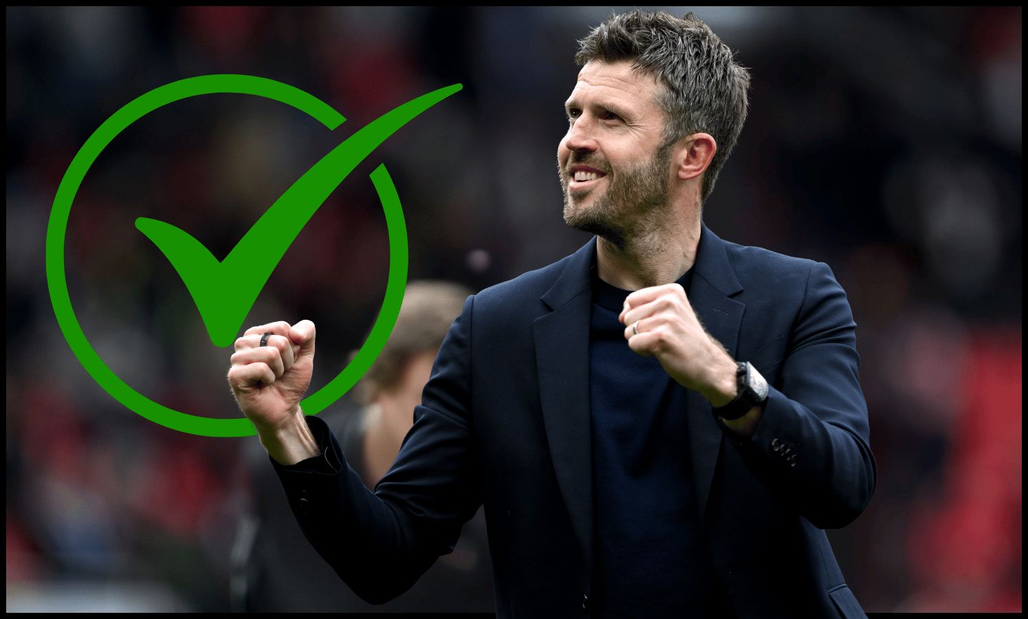 MANCHESTER, ENGLAND - MAY 03: Michael Carrick, Manager of Manchester United, celebrates victory following the Premier League match between Manchester United and Liverpool at Old Trafford on May 03, 2026 in Manchester, England.