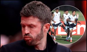 SUNDERLAND, ENGLAND - MAY 09: Michael Carrick, Manager of Manchester United, looks on prior to the Premier League match between Sunderland and Manchester United at Stadium of Light on May 09, 2026 in Sunderland, England.