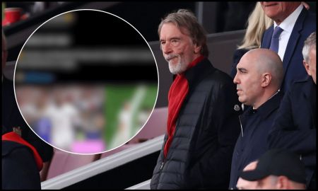 MANCHESTER, ENGLAND - MAY 17: Sir Jim Ratcliffe, CEO of INEOS group, Omar Berrada, CEO of Manchester United, and David Gill look on in the stands during the Premier League match between Manchester United and Nottingham Forest at Old Trafford on May 17, 2026 in Manchester, England.