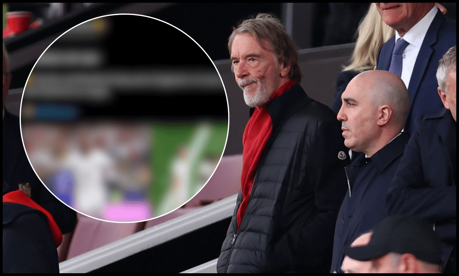 MANCHESTER, ENGLAND - MAY 17: Sir Jim Ratcliffe, CEO of INEOS group, Omar Berrada, CEO of Manchester United, and David Gill look on in the stands during the Premier League match between Manchester United and Nottingham Forest at Old Trafford on May 17, 2026 in Manchester, England.
