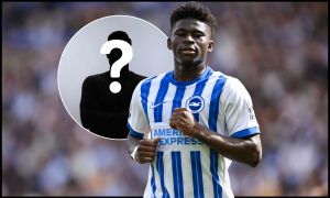 BRIGHTON, ENGLAND - APRIL 12: Carlos Baleba of Brighton & Hove Albion looks on during the Premier League match between Brighton & Hove Albion FC and Leicester City FC at Amex Stadium on April 12, 2025 in Brighton, England.