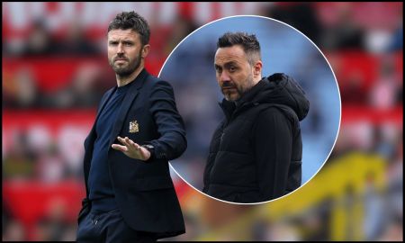 MANCHESTER, ENGLAND - MAY 03: Michael Carrick, Manager of Manchester United, gestures during the Premier League match between Manchester United and Liverpool at Old Trafford on May 03, 2026 in Manchester, England