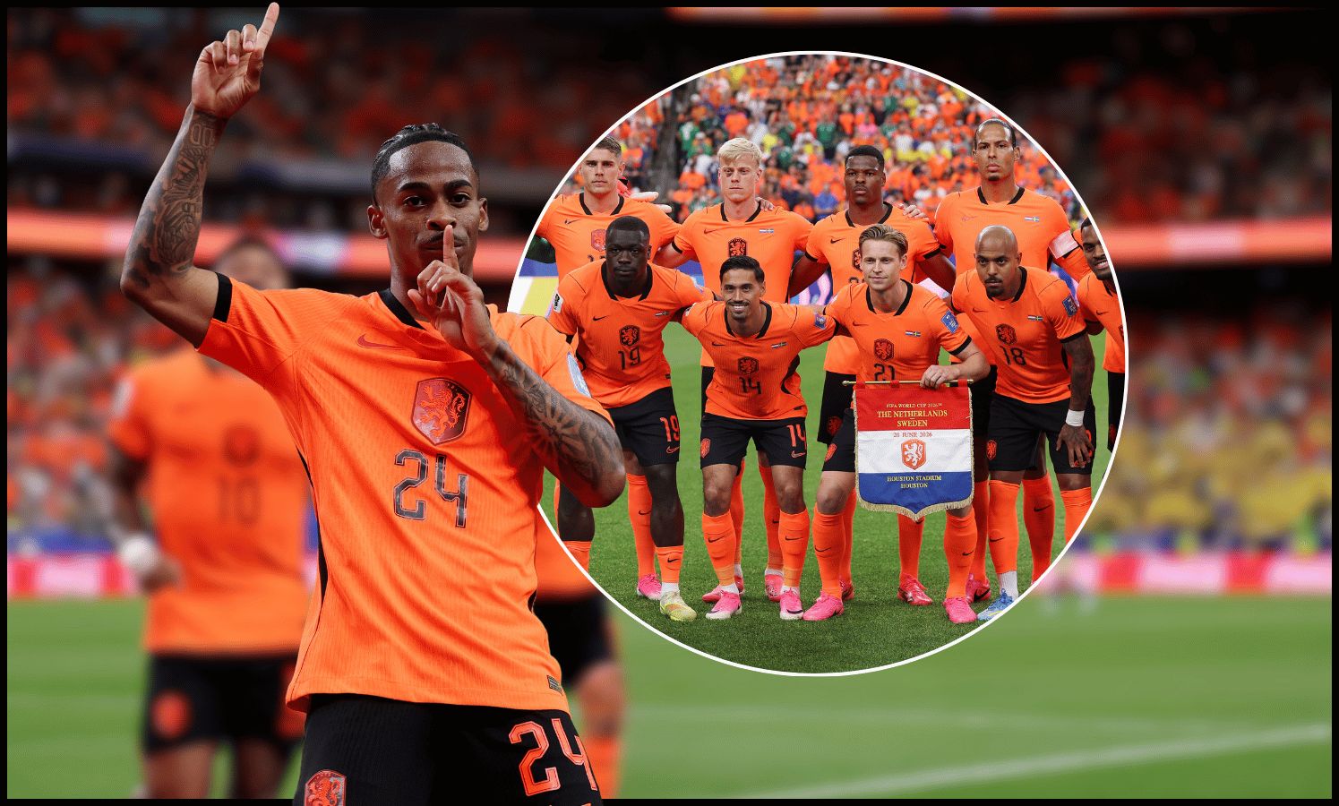 HOUSTON, TEXAS - JUNE 20: Crysencio Summerville #24 of the Netherlands celebrates scoring his team's fifth goal during the FIFA World Cup 2026 Group F match between Netherlands and Sweden at Houston Stadium on June 20, 2026 in Houston, Texas.