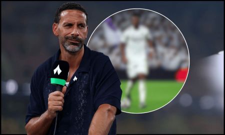JEDDAH, SAUDI ARABIA - OCTOBER 24: Pundit, Rio Ferdinand speaks pitchside prior to the Saudi Pro League match between Al Ittihad and Al Hilal at King Abdullah Sports City on October 24, 2025 in Jeddah, Saudi Arabia.