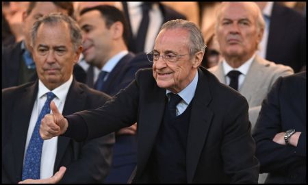 Florentino Perez saluting the fans