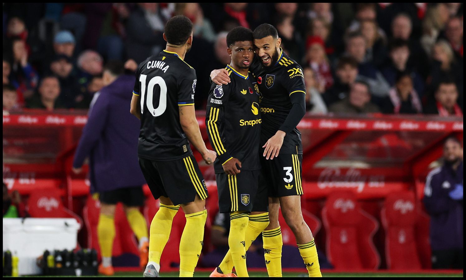 Man Utd players Matheus Cunha, Noussair Mazraoui, and Amad Diallo