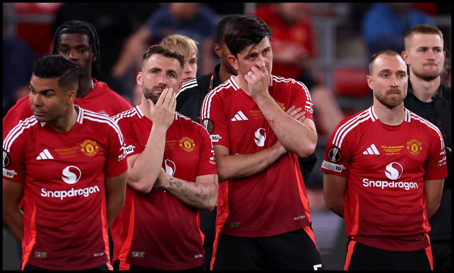 Casemiro, Shaw, Maguire, and Eriksen dejected after Man Utd's defeat in Europa League final