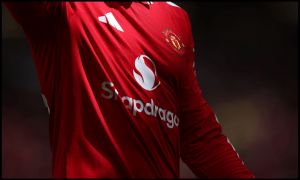MANCHESTER, ENGLAND - MAY 17: A detailed view of the Manchester United shirt during the Premier League match between Manchester United and Nottingham Forest at Old Trafford on May 17, 2026 in Manchester, England.