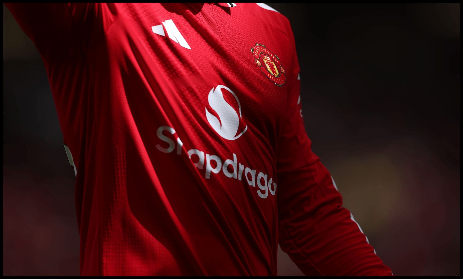 MANCHESTER, ENGLAND - MAY 17: A detailed view of the Manchester United shirt during the Premier League match between Manchester United and Nottingham Forest at Old Trafford on May 17, 2026 in Manchester, England.