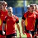 RENTON, WASHINGTON - JULY 05: Charles De Ketelaere, Leandro Trossard #19, Timothy Castagne and Youri Tielemans #8 of Belgium attend a training session ahead of the FIFA World Cup 2026 Round of 16 match at Seattle Sounders FC Performance Centre on July 05, 2026 in Renton, Washington.
