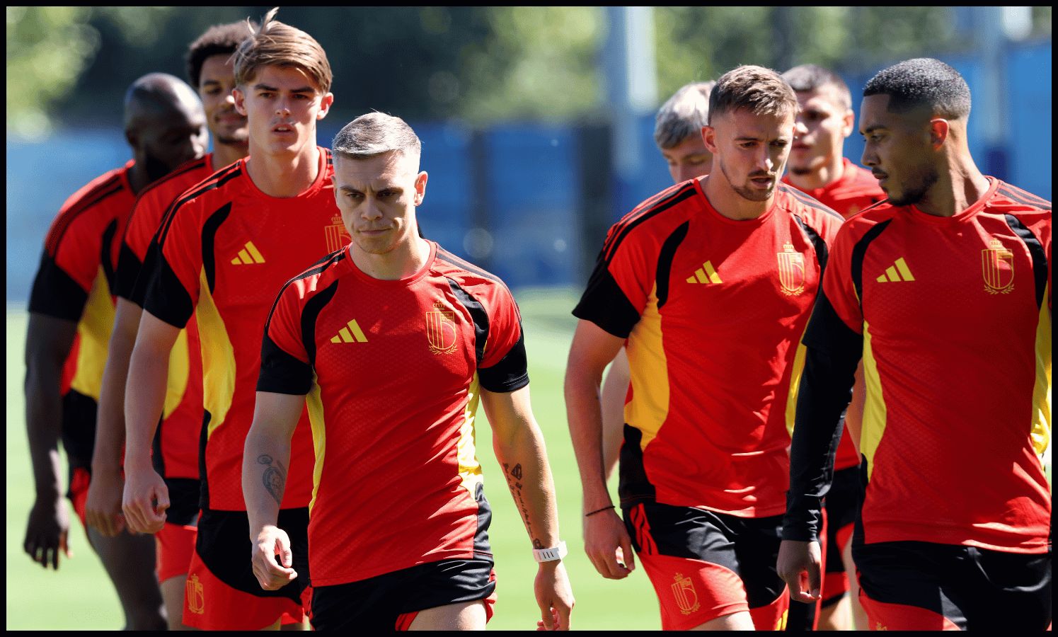 RENTON, WASHINGTON - JULY 05: Charles De Ketelaere, Leandro Trossard #19, Timothy Castagne and Youri Tielemans #8 of Belgium attend a training session ahead of the FIFA World Cup 2026 Round of 16 match at Seattle Sounders FC Performance Centre on July 05, 2026 in Renton, Washington.