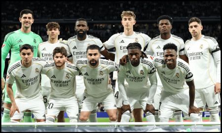 MADRID, SPAIN - MARCH 14: Real Madrid players pose for a team photograph prior to the LaLiga EA Sports match between Real Madrid CF and Elche CF at Estadio Santiago Bernabeu on March 14, 2026 in Madrid, Spain.