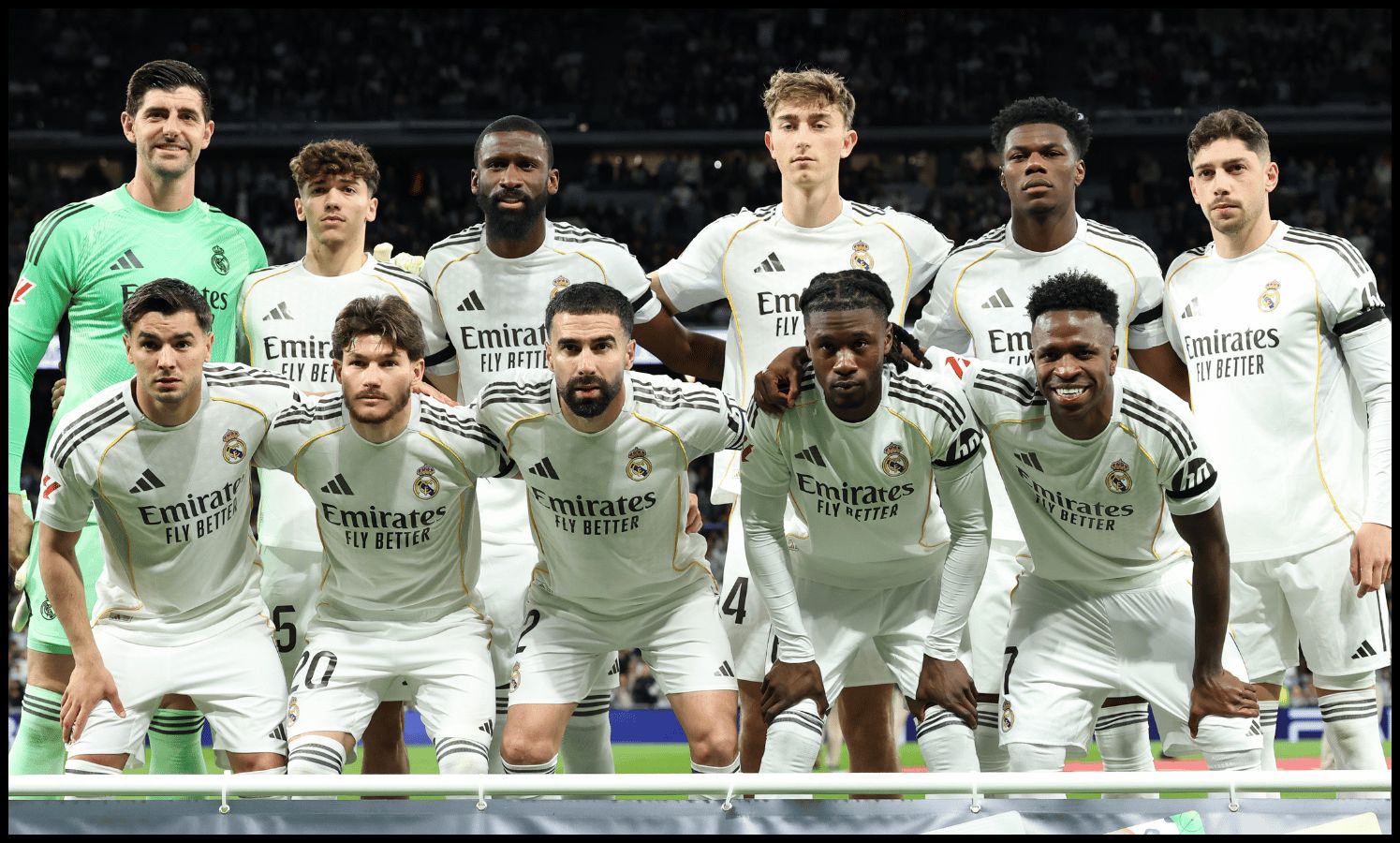 MADRID, SPAIN - MARCH 14: Real Madrid players pose for a team photograph prior to the LaLiga EA Sports match between Real Madrid CF and Elche CF at Estadio Santiago Bernabeu on March 14, 2026 in Madrid, Spain.