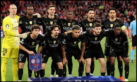 MUNICH, GERMANY - MAY 06: Players of Paris Saint-Germain pose for a team photograph prior to the UEFA Champions League 2025/26 Semi Final Second Leg match between FC Bayern München and Paris Saint-Germain at Football Arena Munich on May 06, 2026 in Munich, Germany
