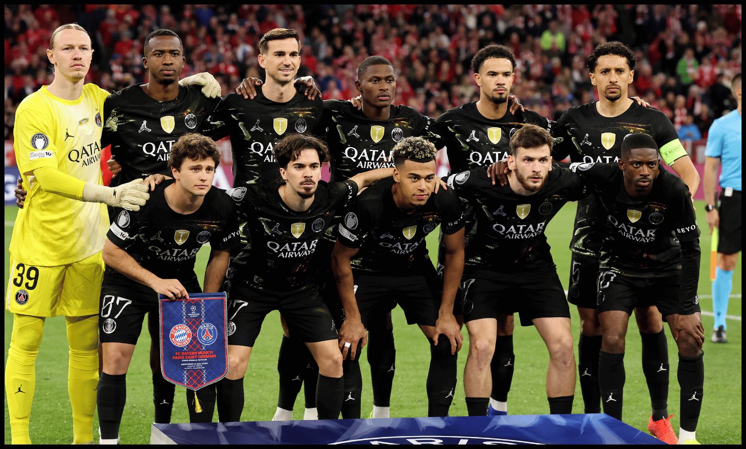 MUNICH, GERMANY - MAY 06: Players of Paris Saint-Germain pose for a team photograph prior to the UEFA Champions League 2025/26 Semi Final Second Leg match between FC Bayern München and Paris Saint-Germain at Football Arena Munich on May 06, 2026 in Munich, Germany