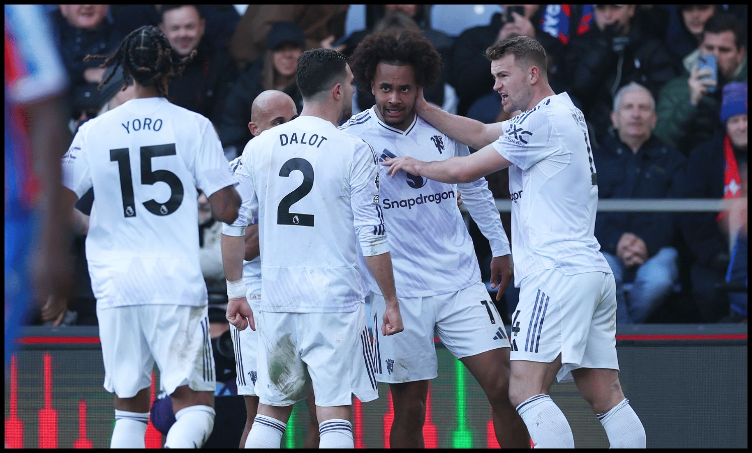 LONDON, ENGLAND - NOVEMBER 30: Joshua Zirkzee of Manchester United celebrates scoring his team's first goal with teammates during the Premier League match between Crystal Palace and Manchester United at Selhurst Park on November 30, 2025 in London, England