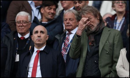 MANCHESTER, ENGLAND - SEPTEMBER 14: Omar Berrada, CEO of Manchester United and Sir Jim Ratcliffe, CEO of INEOS group, look on prior to the Premier League match between Manchester City and Manchester United at Etihad Stadium on September 14, 2025 in Manchester, England.
