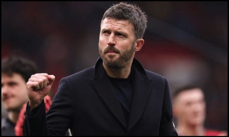 MANCHESTER, ENGLAND - FEBRUARY 07: Michael Carrick, Manager of Manchester United, celebrates victory during the Premier League match between Manchester United and Tottenham Hotspur at Old Trafford on February 07, 2026 in Manchester, England.