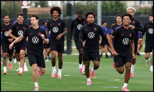 IRVINE, CALIFORNIA - JUNE 29: Brenden Aaronson, Weston McKennie and Tyler Adams of the United States participate during a training session at Great Park Sports Complex on June 29, 2026 in Irvine, California.