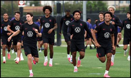 IRVINE, CALIFORNIA - JUNE 29: Brenden Aaronson, Weston McKennie and Tyler Adams of the United States participate during a training session at Great Park Sports Complex on June 29, 2026 in Irvine, California.