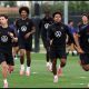 IRVINE, CALIFORNIA - JUNE 29: Brenden Aaronson, Weston McKennie and Tyler Adams of the United States participate during a training session at Great Park Sports Complex on June 29, 2026 in Irvine, California.