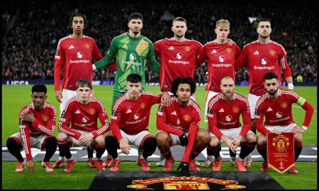 MANCHESTER, ENGLAND - JANUARY 23: Manchester United players pose for a team photo on the pitch ahead of the UEFA Europa League 2024/25 League Phase MD7 match between Manchester United and Rangers FC at Old Trafford on January 23, 2025 in Manchester, England