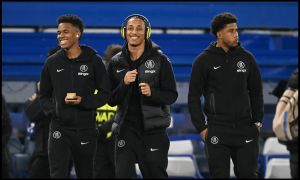 LONDON, ENGLAND - NOVEMBER 25: Estevao, Joao Pedro and Andrey Santos on the pitch prior to the UEFA Champions League 2025/26 League Phase MD5 match between Chelsea FC and FC Barcelona at Stamford Bridge on November 25, 2025 in London, England.