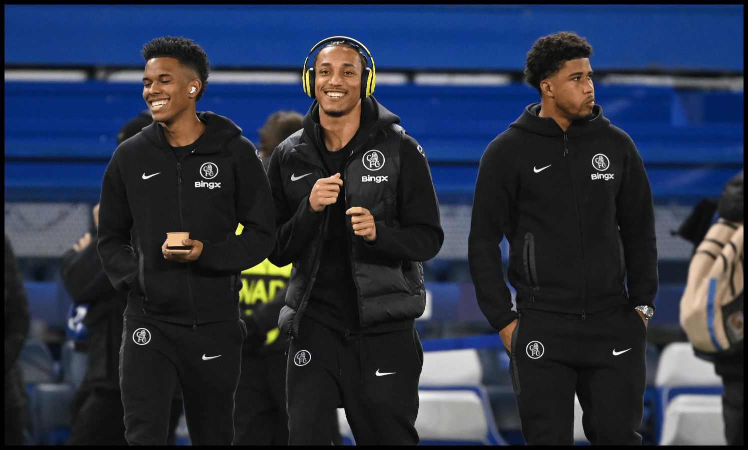 LONDON, ENGLAND - NOVEMBER 25: Estevao, Joao Pedro and Andrey Santos on the pitch prior to the UEFA Champions League 2025/26 League Phase MD5 match between Chelsea FC and FC Barcelona at Stamford Bridge on November 25, 2025 in London, England.