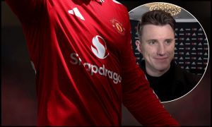 MANCHESTER, ENGLAND - MAY 17: A detailed view of the Manchester United shirt during the Premier League match between Manchester United and Nottingham Forest at Old Trafford on May 17, 2026 in Manchester, England.