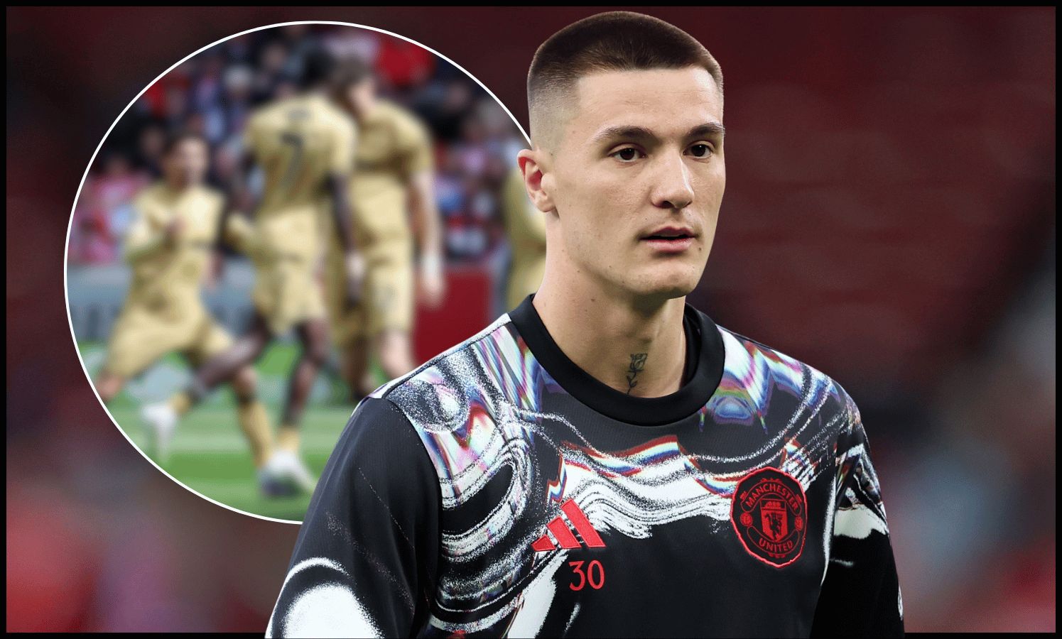 MANCHESTER, ENGLAND - APRIL 27: Benjamin Sesko of Manchester United looks on during the warm up prior to the Premier League match between Manchester United and Brentford at Old Trafford on April 27, 2026 in Manchester, England.