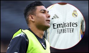 MANCHESTER, ENGLAND - APRIL 27: Casemiro of Manchester United looks on during the warm up prior to the Premier League match between Manchester United and Brentford at Old Trafford on April 27, 2026 in Manchester, England.