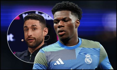 MADRID, SPAIN - MARCH 11: Aurelien Tchouameni of Real Madridlooks on prior to the UEFA Champions League 2025/26 Round of 16 First Leg match between Real Madrid CF and Manchester City FC at Estadio Santiago Bernabeu on March 11, 2026 in Madrid, Spain.
