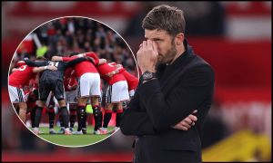 MANCHESTER, ENGLAND - APRIL 13: Michael Carrick, Manager of Manchester United, reacts during the Premier League match between Manchester United and Leeds United at Old Trafford on April 13, 2026 in Manchester, England.
