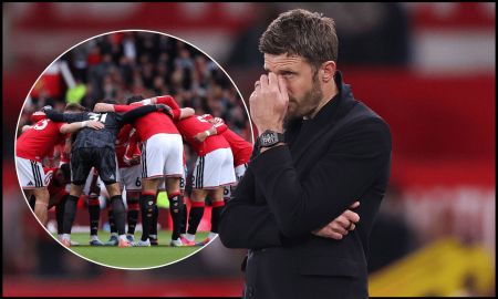 MANCHESTER, ENGLAND - APRIL 13: Michael Carrick, Manager of Manchester United, reacts during the Premier League match between Manchester United and Leeds United at Old Trafford on April 13, 2026 in Manchester, England.