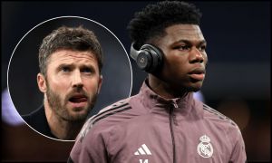 MADRID, SPAIN - MARCH 22: Aurelien Tchouameni of Real Madrid looks on prior to the LaLiga EA Sports match between Real Madrid CF and Atletico de Madrid at Estadio Santiago Bernabeu on March 22, 2026 in Madrid, Spain.