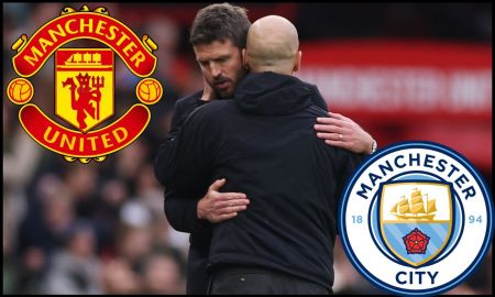 Michael Carrick and Pep Guardiola embrace
