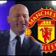 Alan Shearer grins next to Manchester United club crest.