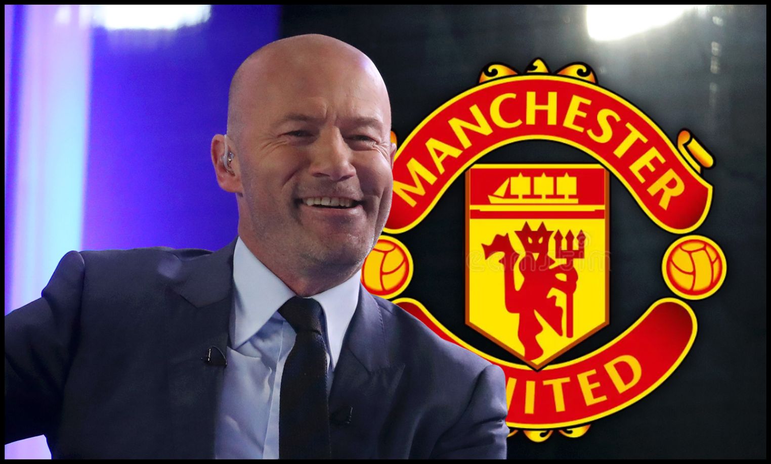 Alan Shearer grins next to Manchester United club crest.