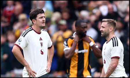 Manchester United defender Harry Maguire looks despondent during Hull game.