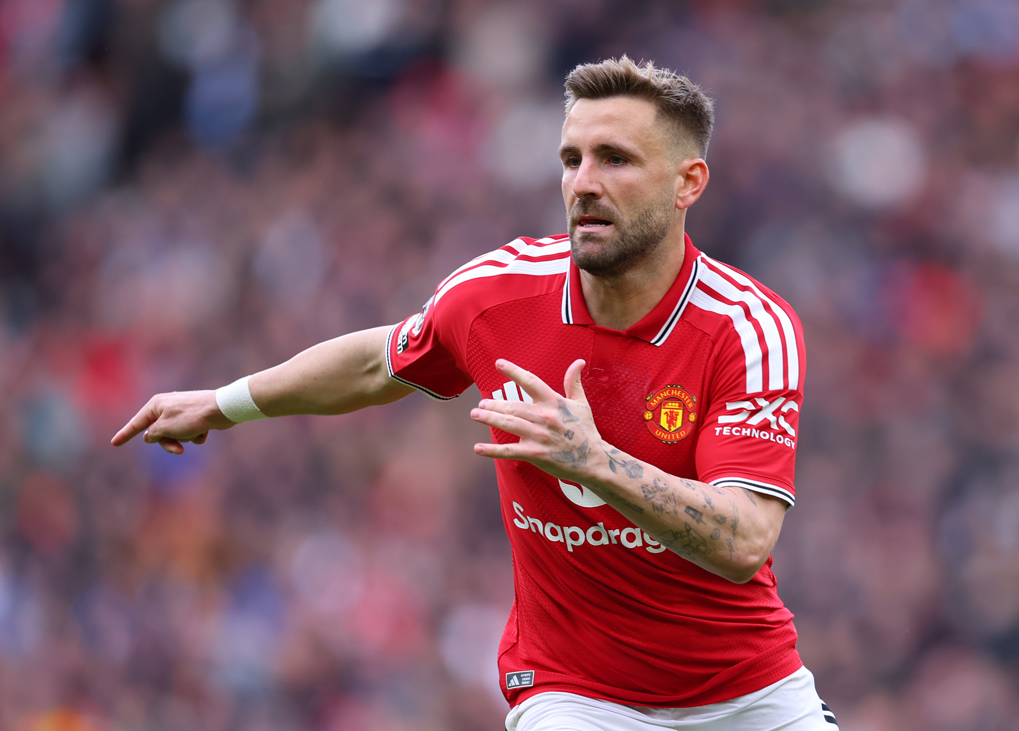 MANCHESTER, ENGLAND - MAY 17: Luke Shaw of Manchester United during the Premier League match between Manchester United and Nottingham Forest at Old Trafford on May 17, 2026 in Manchester, England.